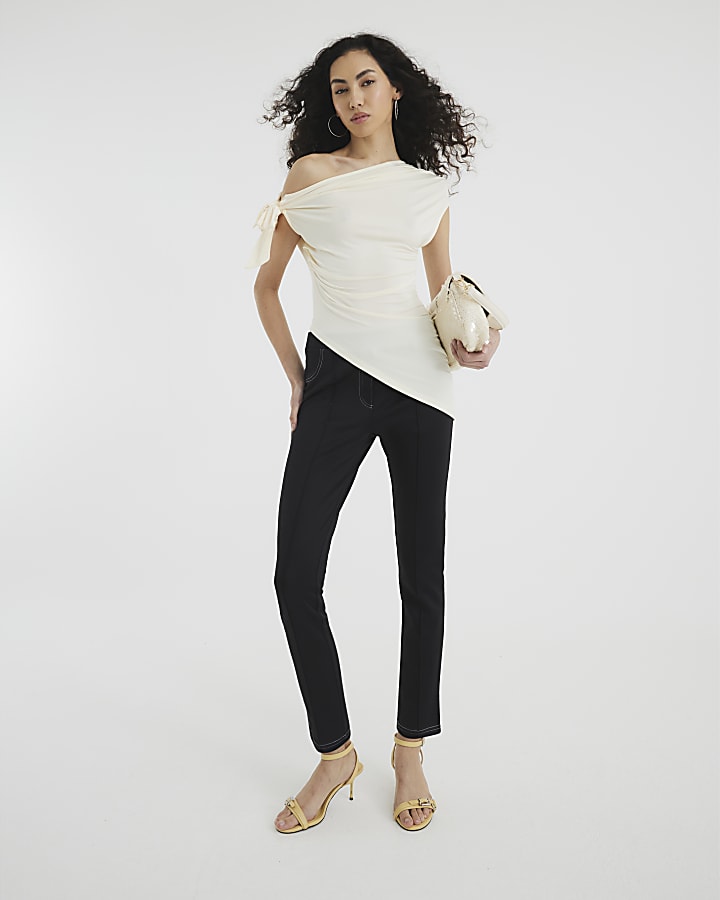 Cream Drape Tie Knot Asymmetric Top