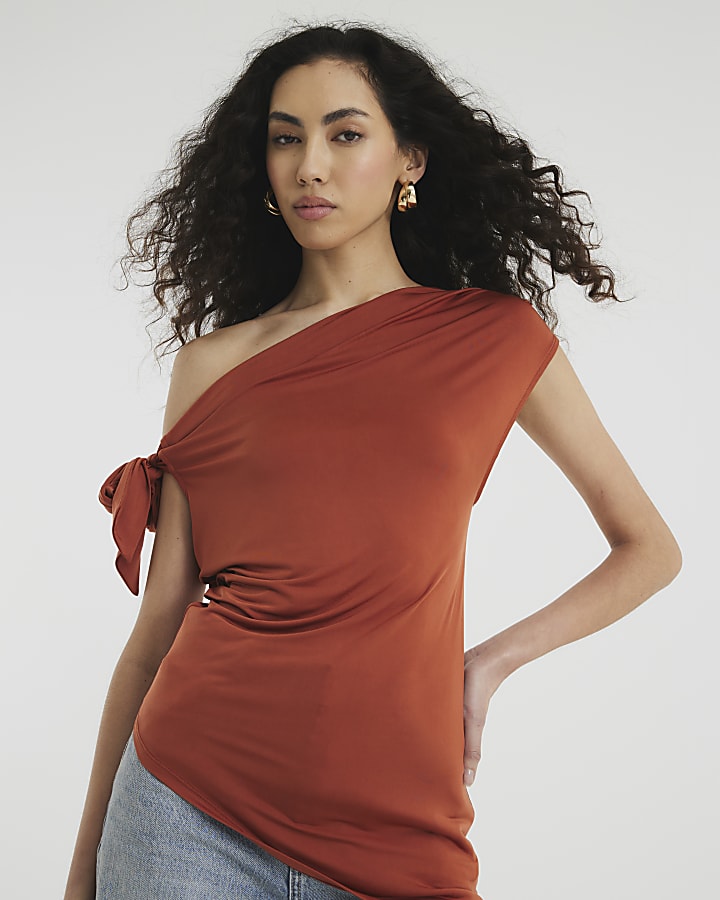 Orange Drape Tie Knot Asymmetric Top