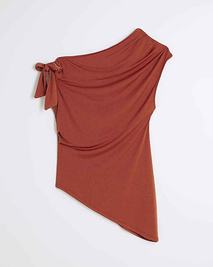 Orange Drape Tie Knot Asymmetric Top
