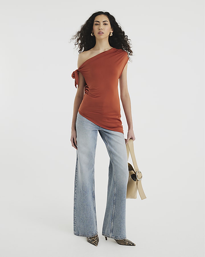 Orange Drape Tie Knot Asymmetric Top
