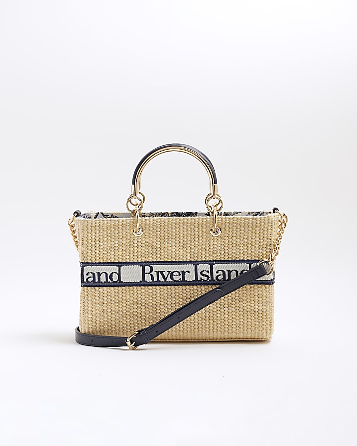 Beige Webbing Front Raffia Tote Bag