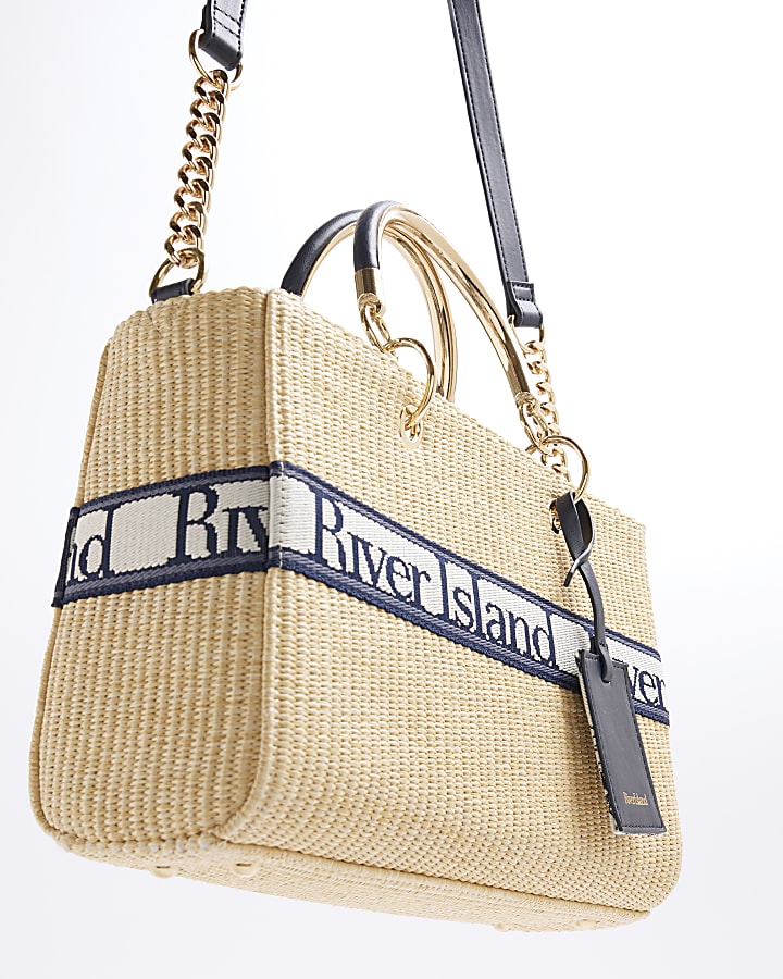 Beige Webbing Front Raffia Tote Bag