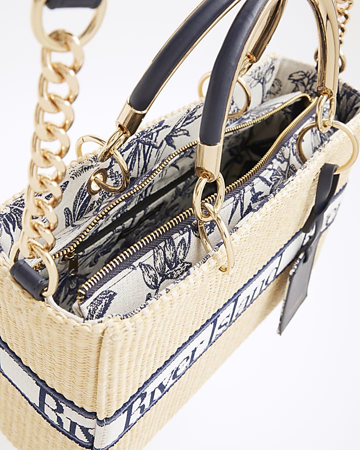 Beige Webbing Front Raffia Tote Bag