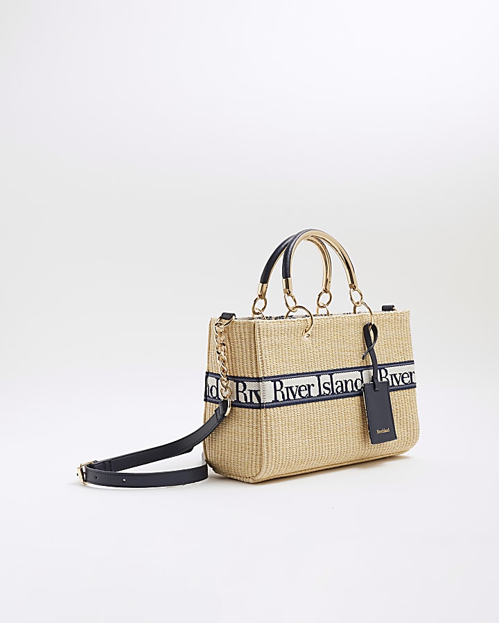 Beige Webbing Front Raffia Tote Bag