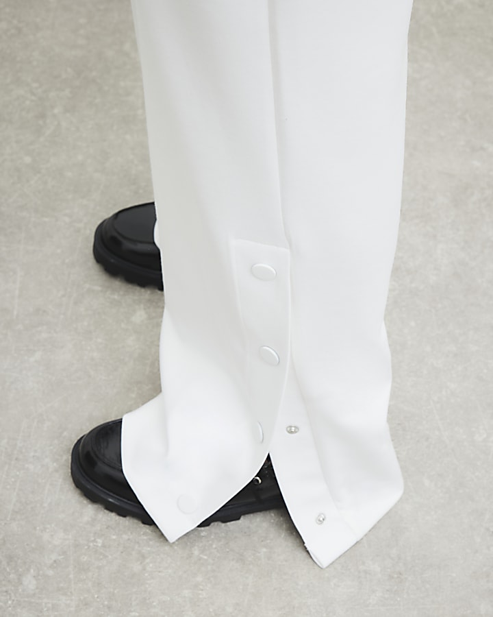 White Popper Cuff Wide Leg Joggers