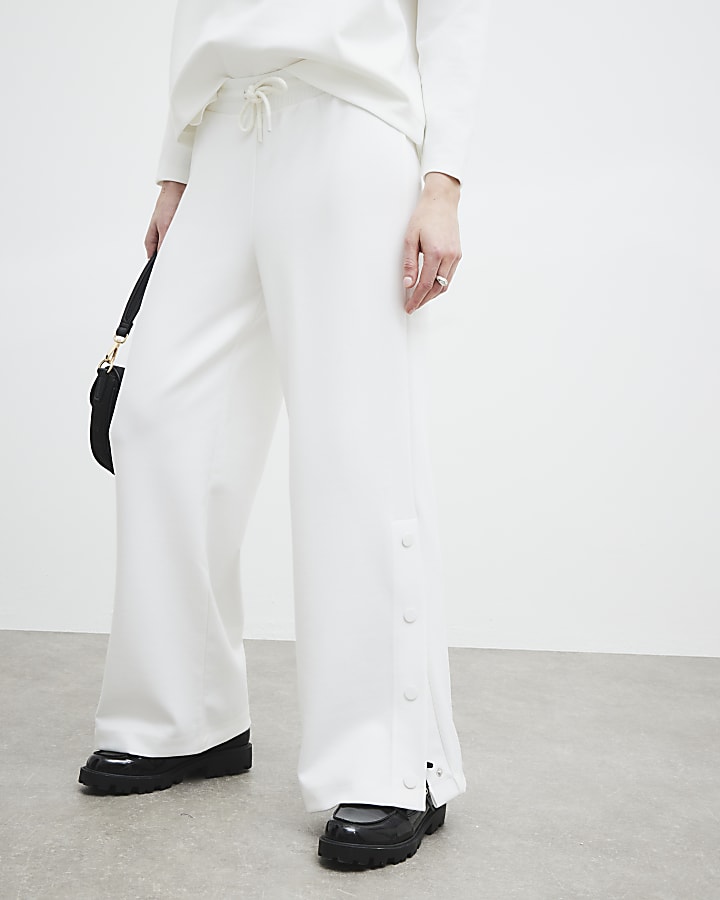 White Popper Cuff Wide Leg Joggers