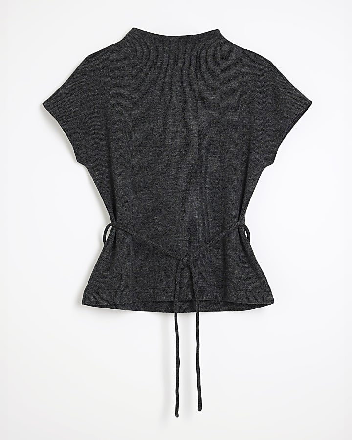 Grey Short Sleeve High Neck Top