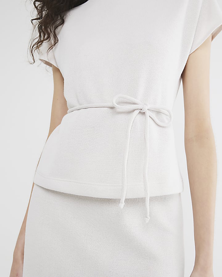Cream Short Sleeve High Neck Tie Top