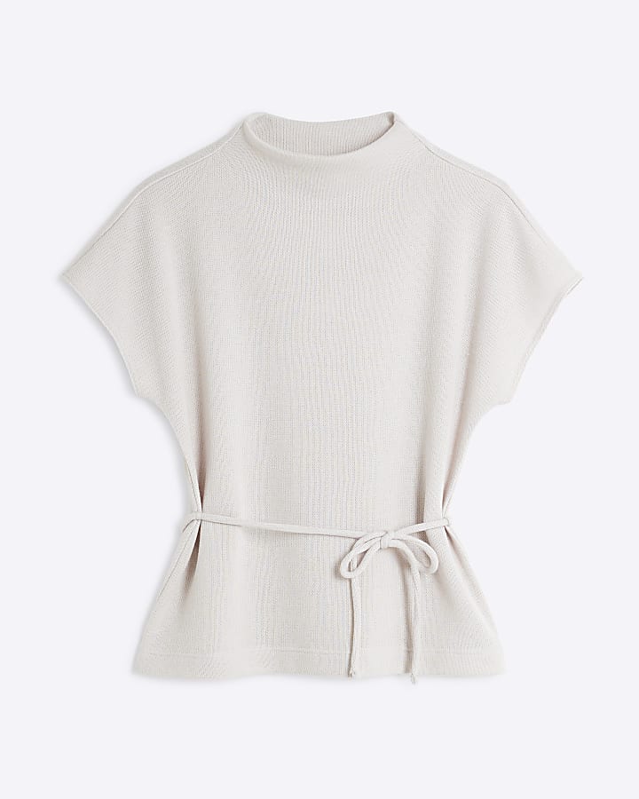 Cream Short Sleeve High Neck Tie Top
