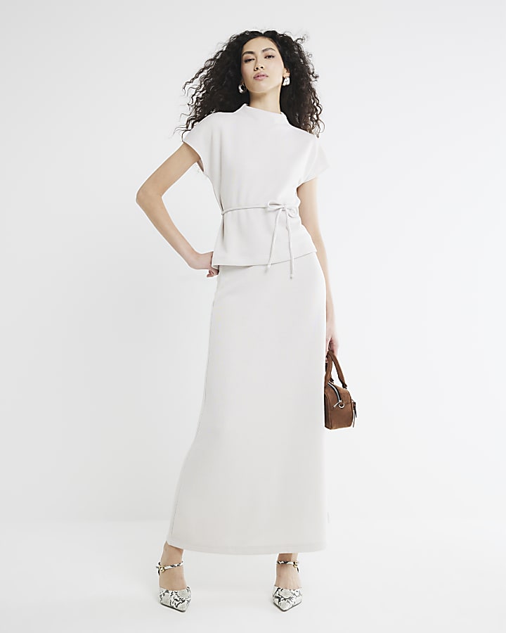 Cream Short Sleeve High Neck Tie Top