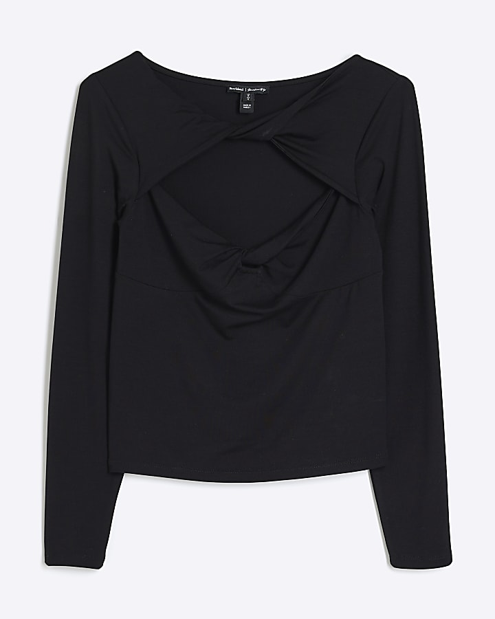 Black Long Sleeve Twist Cut Out Top