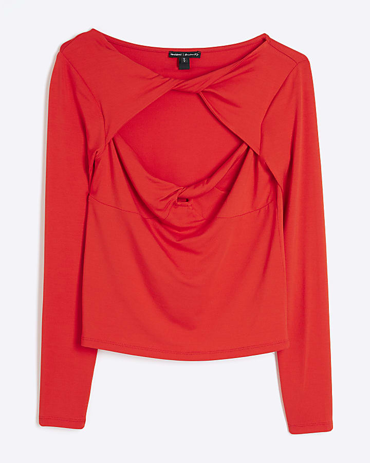 Red Long Sleeve Twist Cut Out Top