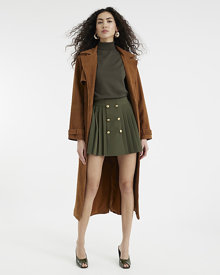 Khaki Pleated Military Mini Skirt