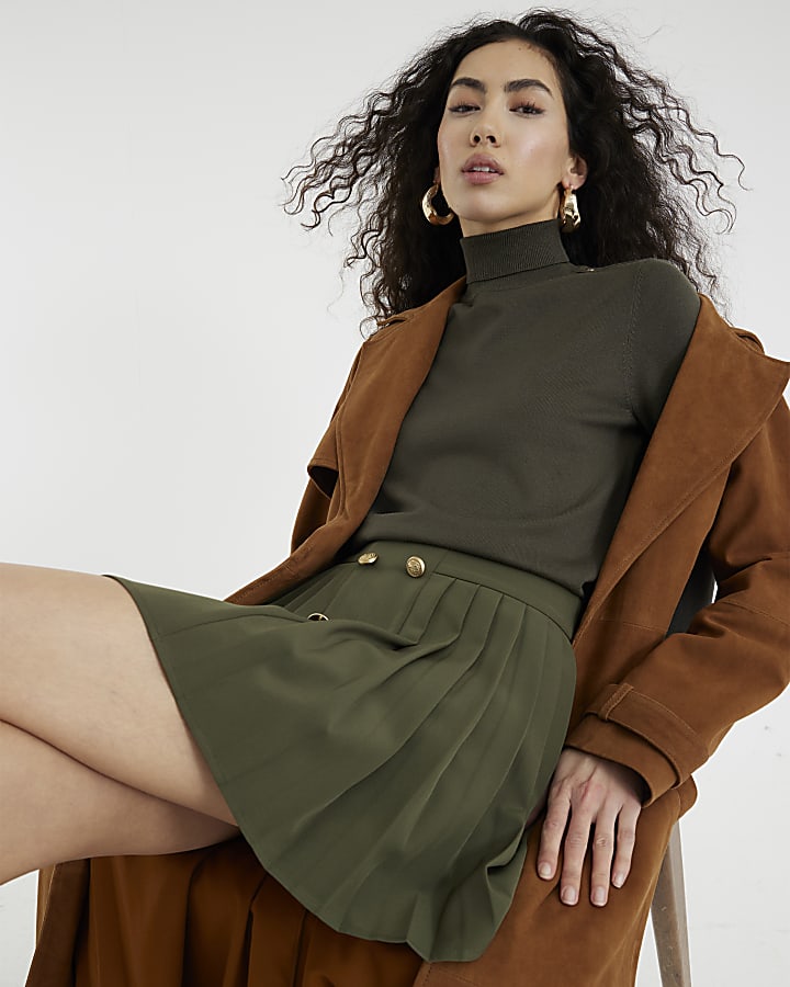 Khaki Pleated Military Mini Skirt