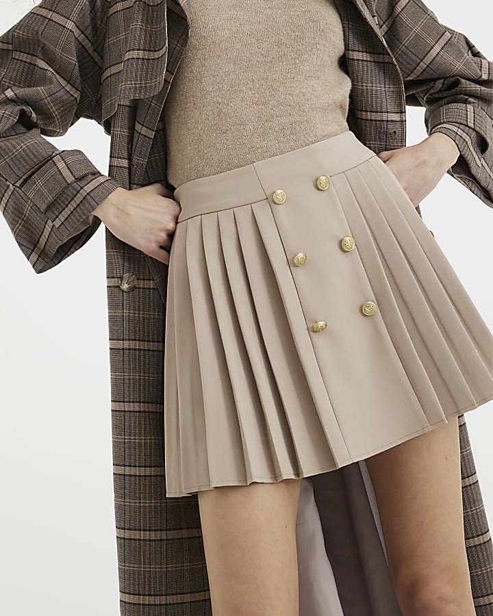 Beige Pleated Military Mini Skirt