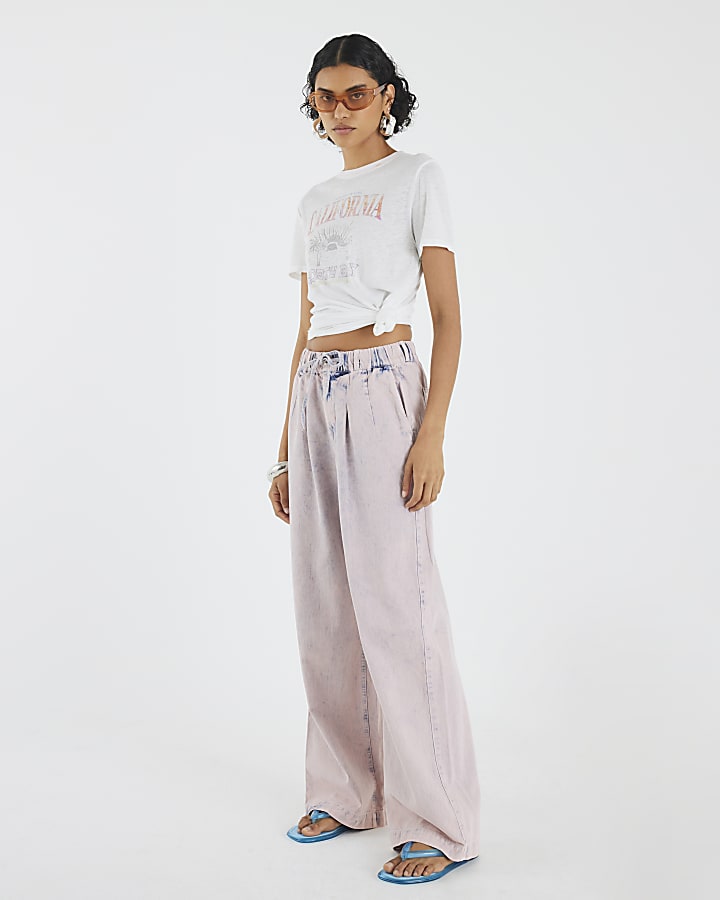 Pink Pyjama Style Wide Leg Jeans