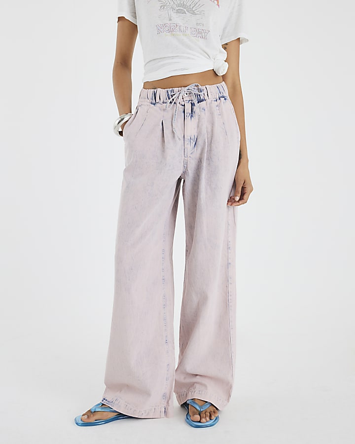 Pink Pyjama Style Wide Leg Jeans