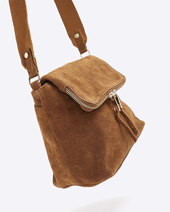 Brown Suede Zipped Messenger Bag