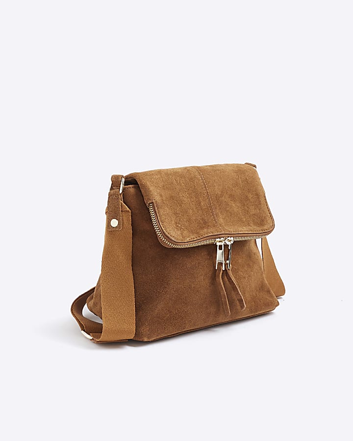 Brown Suede Zipped Messenger Bag