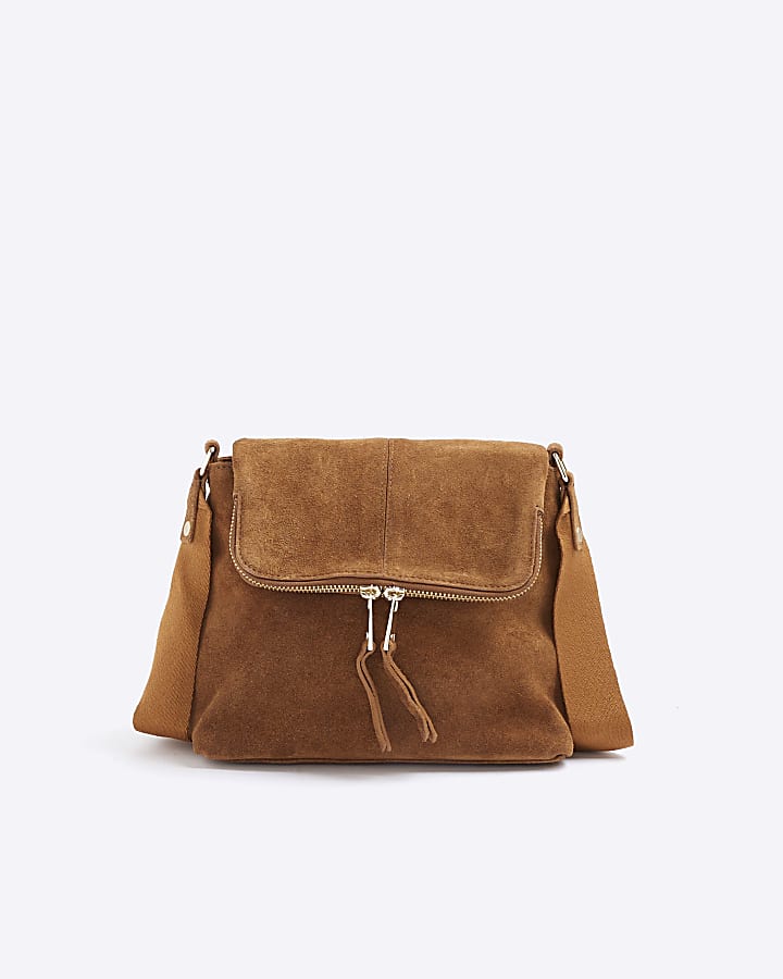 Brown Suede Zipped Messenger Bag