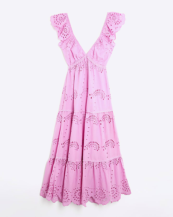 Pink Broderie Midi Dress