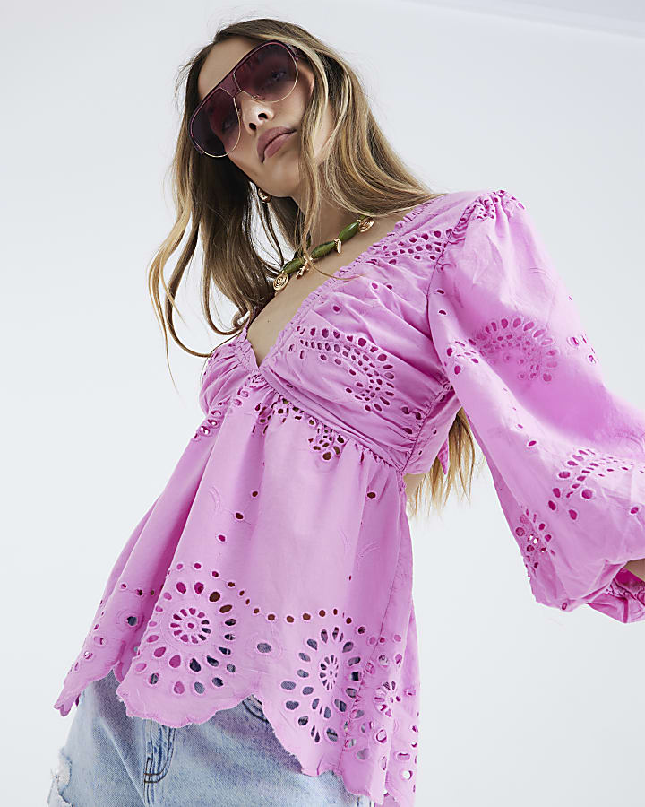Pink V-neck Mid Sleeve Broderie blouse