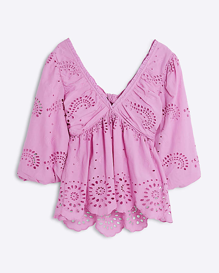 Pink V-neck Mid Sleeve Broderie blouse
