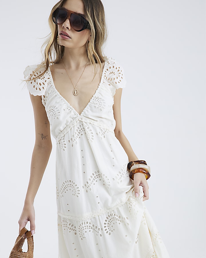 Cream Sleeveless V-neck Broderie Midi Dress