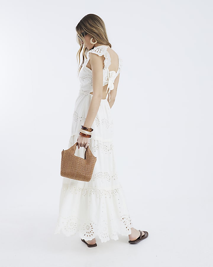Cream Sleeveless V-neck Broderie Midi Dress