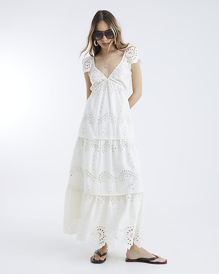 Cream Sleeveless V-neck Broderie Midi Dress