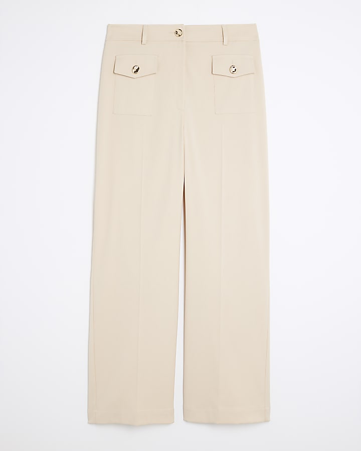 Beige Button Front Straight Leg Trousers