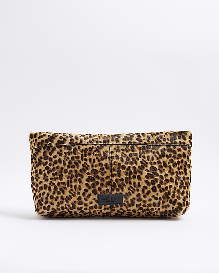 Brown Animal Print Leather Clutch Bag