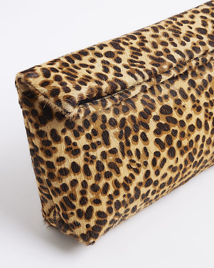 Brown Animal Print Leather Clutch Bag