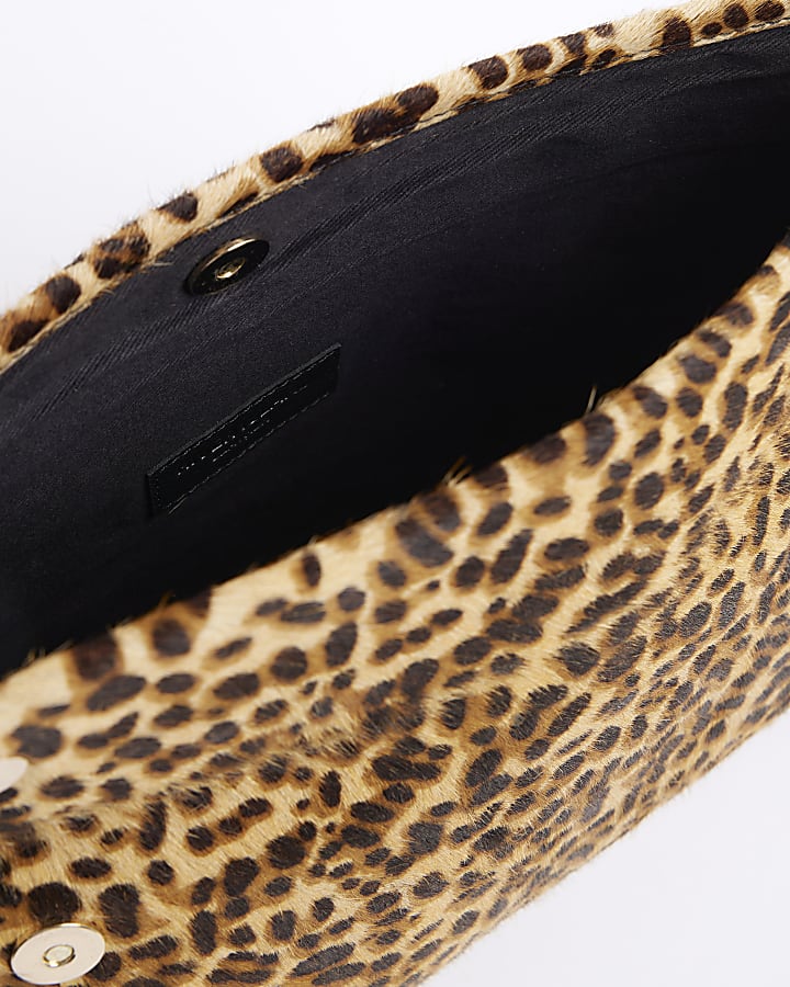 Brown Animal Print Leather Clutch Bag
