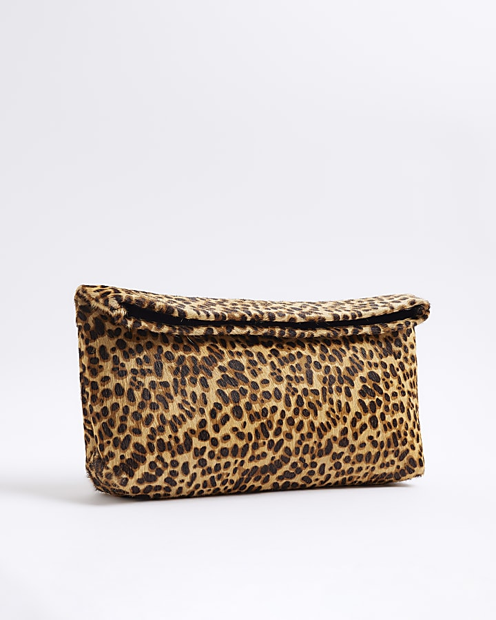 Brown Animal Print Leather Clutch Bag