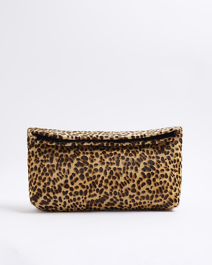 Brown Animal Print Leather Clutch Bag
