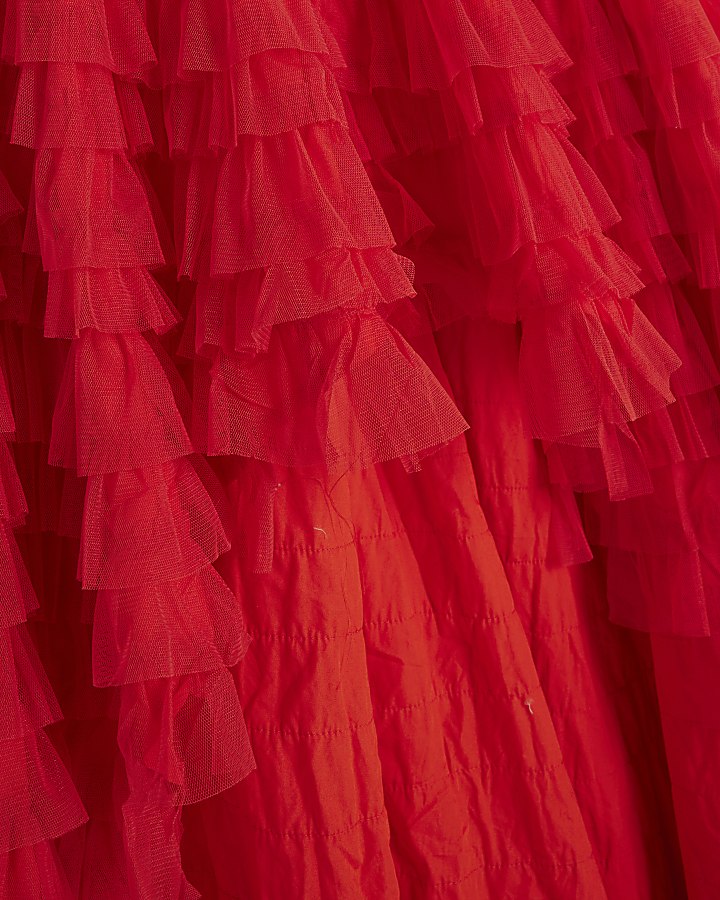 Orange Sleeveless Tulle Ruffle Midi Dress