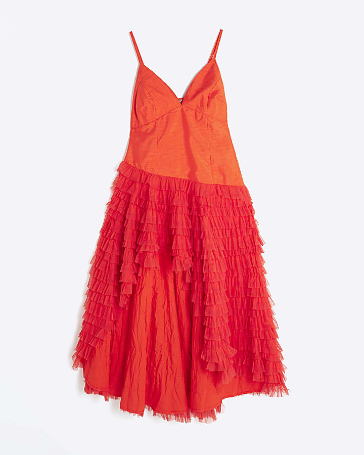 Orange Sleeveless Tulle Ruffle Midi Dress