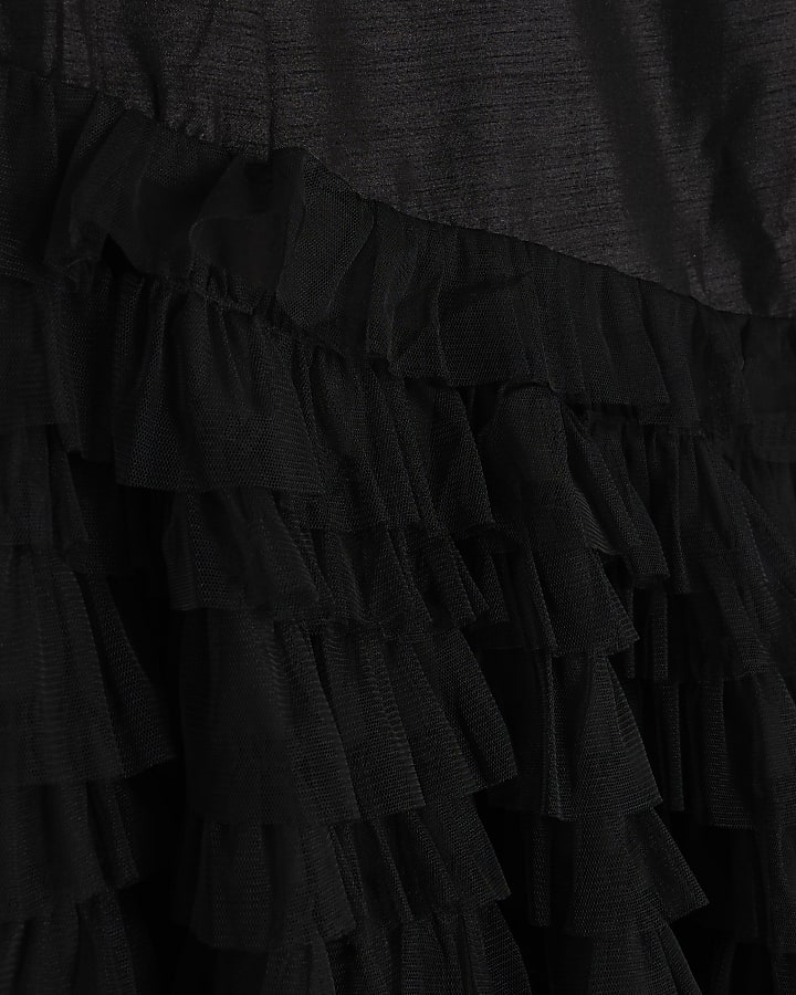 Black Sleeveless Tulle Ruffle Midi Dress