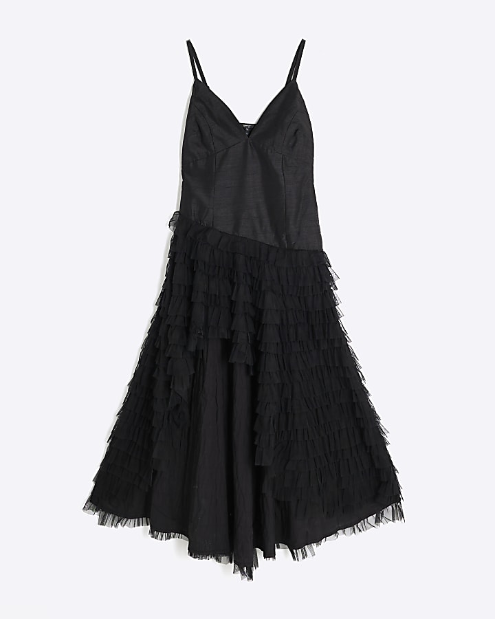 Black Sleeveless Tulle Ruffle Midi Dress