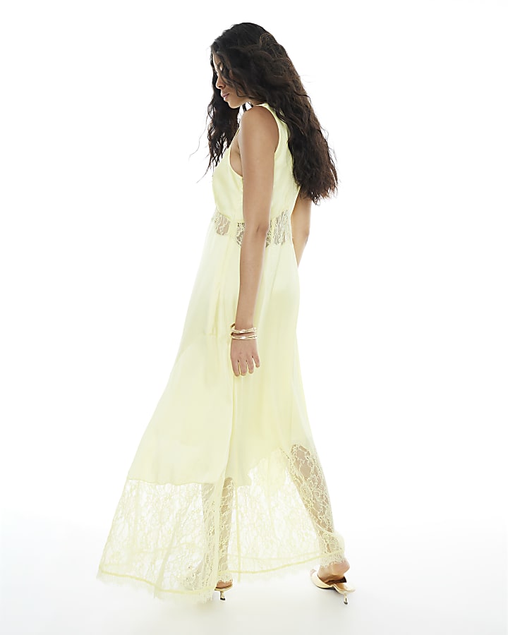 Yellow Premium Satin Lace Midi Slip Dress