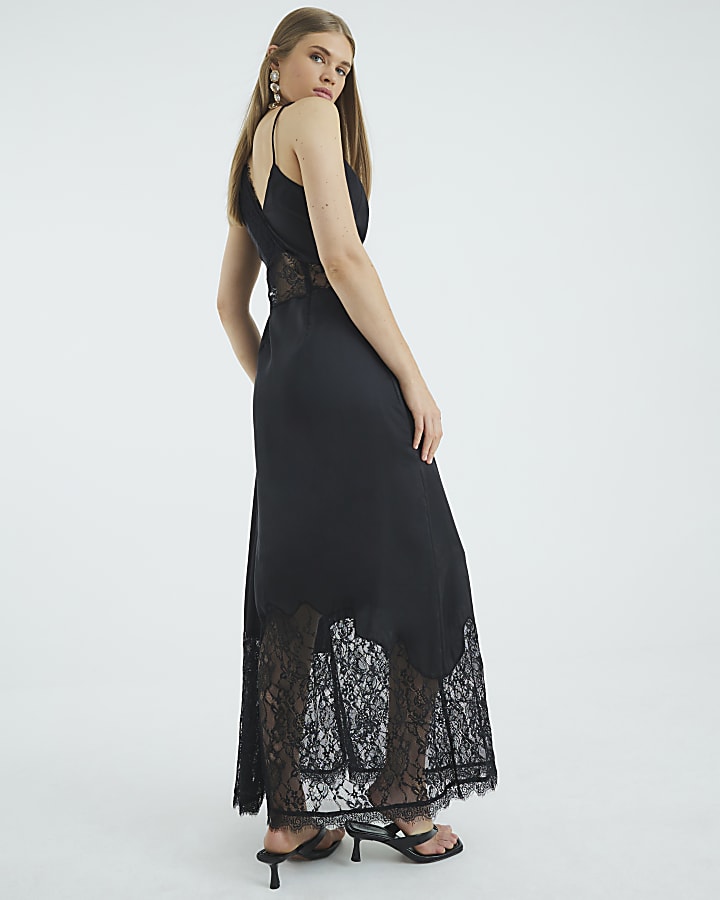 Black Premium Lace Satin Maxi Dress