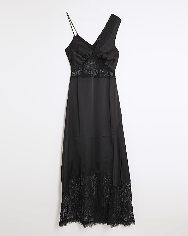 Black Premium Lace Satin Maxi Slip Dress