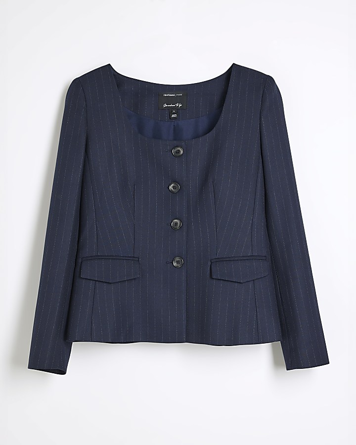 Navy Stripe Scoop Neck Blazer