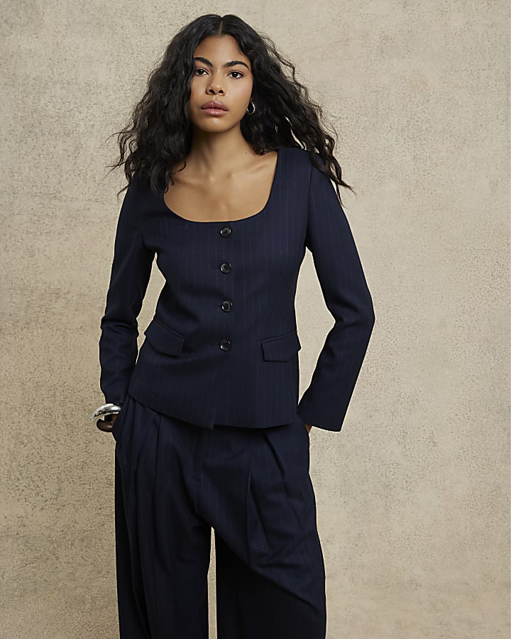 Navy Stripe Scoop Neck Blazer