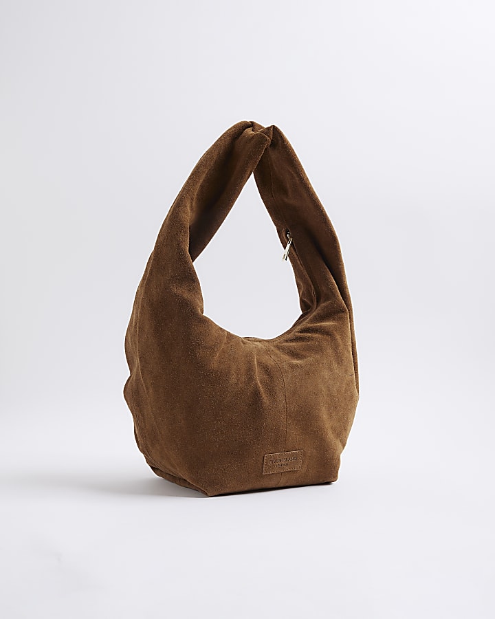Brown Suede Twist Shoulder Bag
