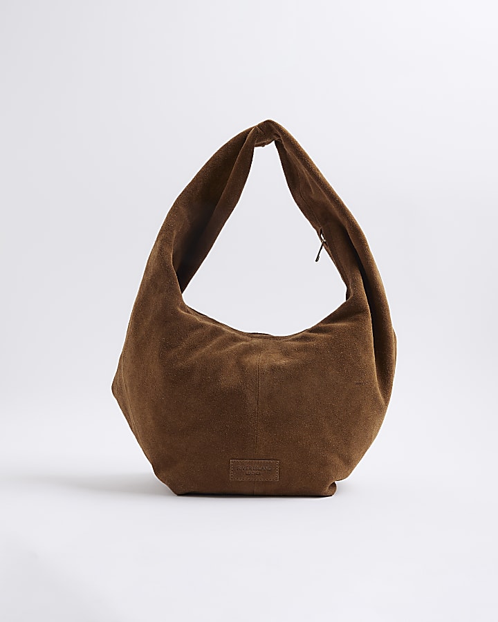 Brown Suede Twist Shoulder Bag