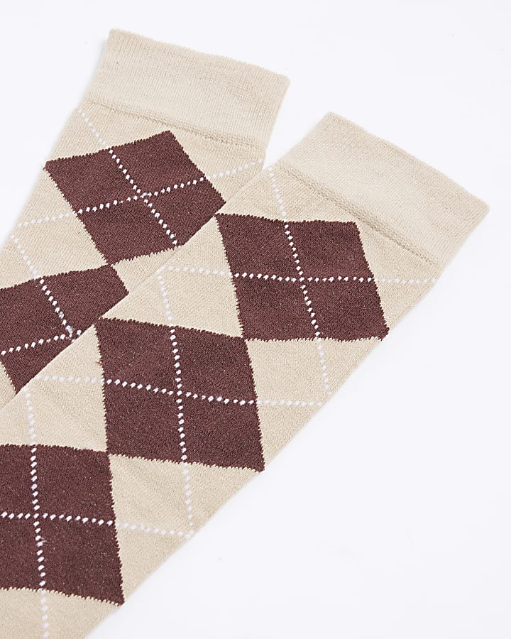 Brown Argyle Check Knee High Socks