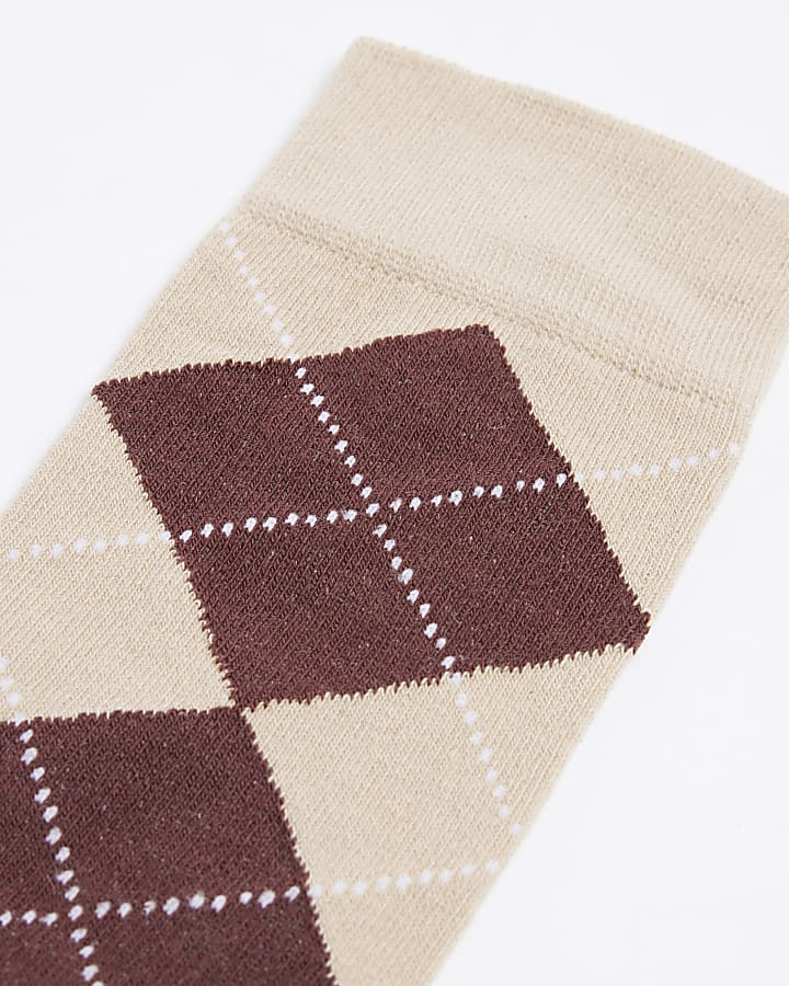 Brown Argyle Check Knee High Socks