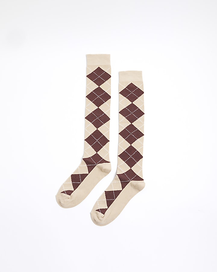 Brown Argyle Check Knee High Socks